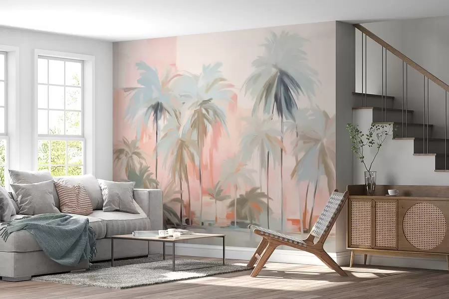 peintures murales Palmiers tropicaux abstraits, minimalistes et pastel, sur fond de teintes douces de rose et de pêche w09212