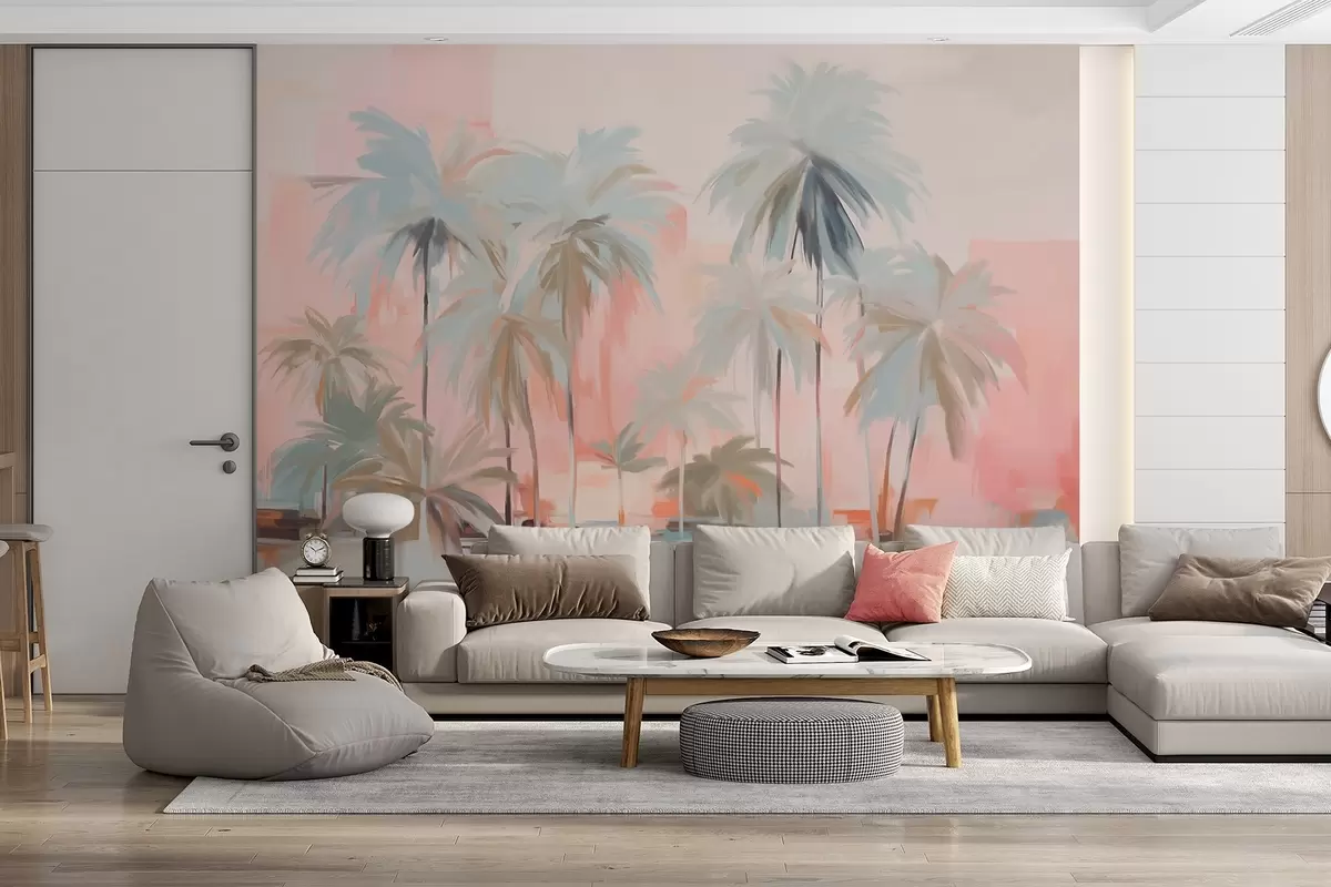 wall murals Abstract minimalistic pastel tropical palm trees, against a background of soft pink and peach hues w09212