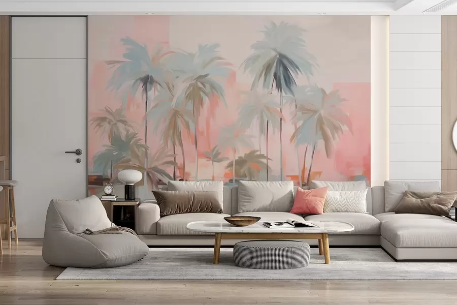 Wall Mural Photo Wallpaper Abstract minimalistic pastel tropical palm trees, against a background of soft pink and peach hues w09212
