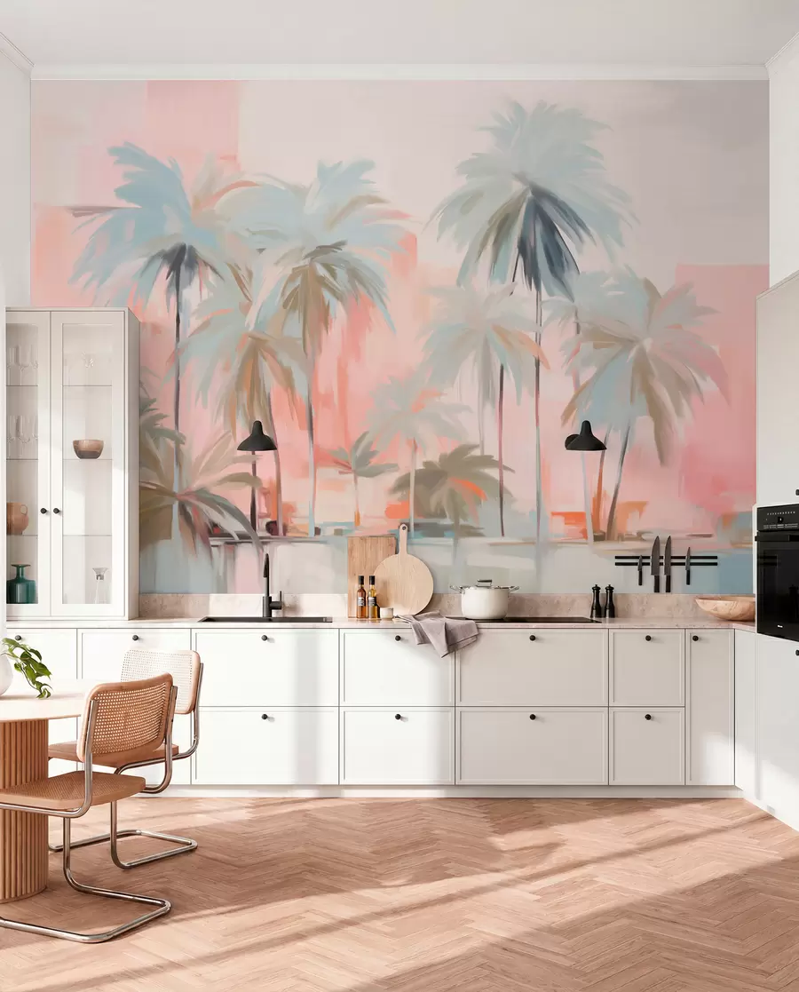 peintures murales Palmiers tropicaux abstraits, minimalistes et pastel, sur fond de teintes douces de rose et de pêche w09212