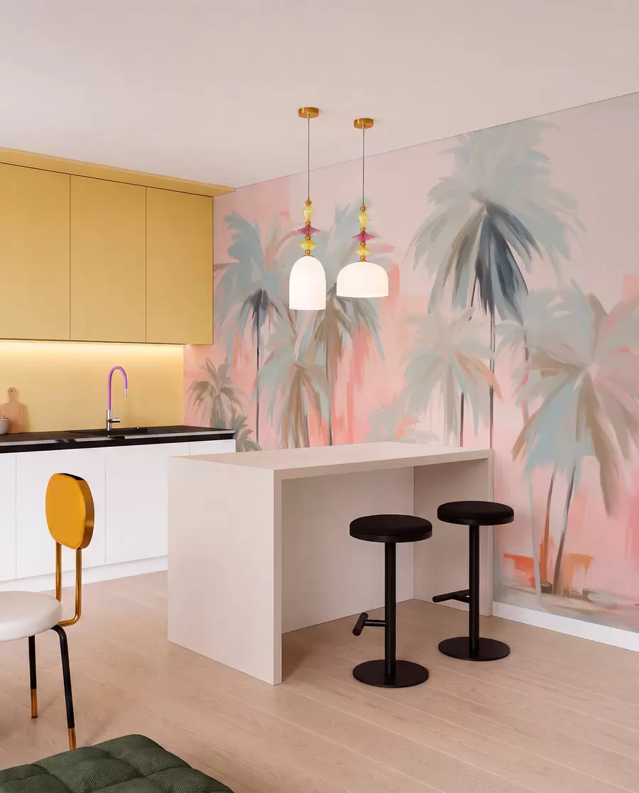 wall murals Abstract minimalistic pastel tropical palm trees, against a background of soft pink and peach hues w09212