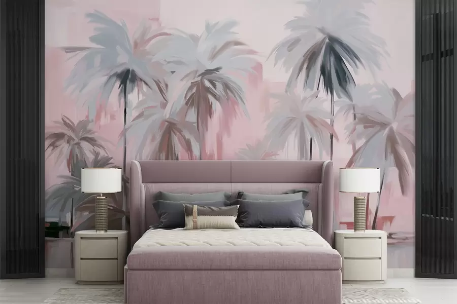 Wall Mural Photo Wallpaper Abstract minimalistic pastel tropical palm trees, against a background of muted pink and gray hues w09212v1