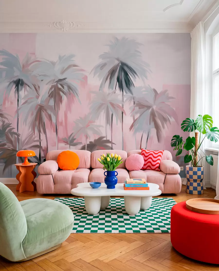 Wall Mural Photo Wallpaper Abstract minimalistic pastel tropical palm trees, against a background of muted pink and gray hues w09212v1