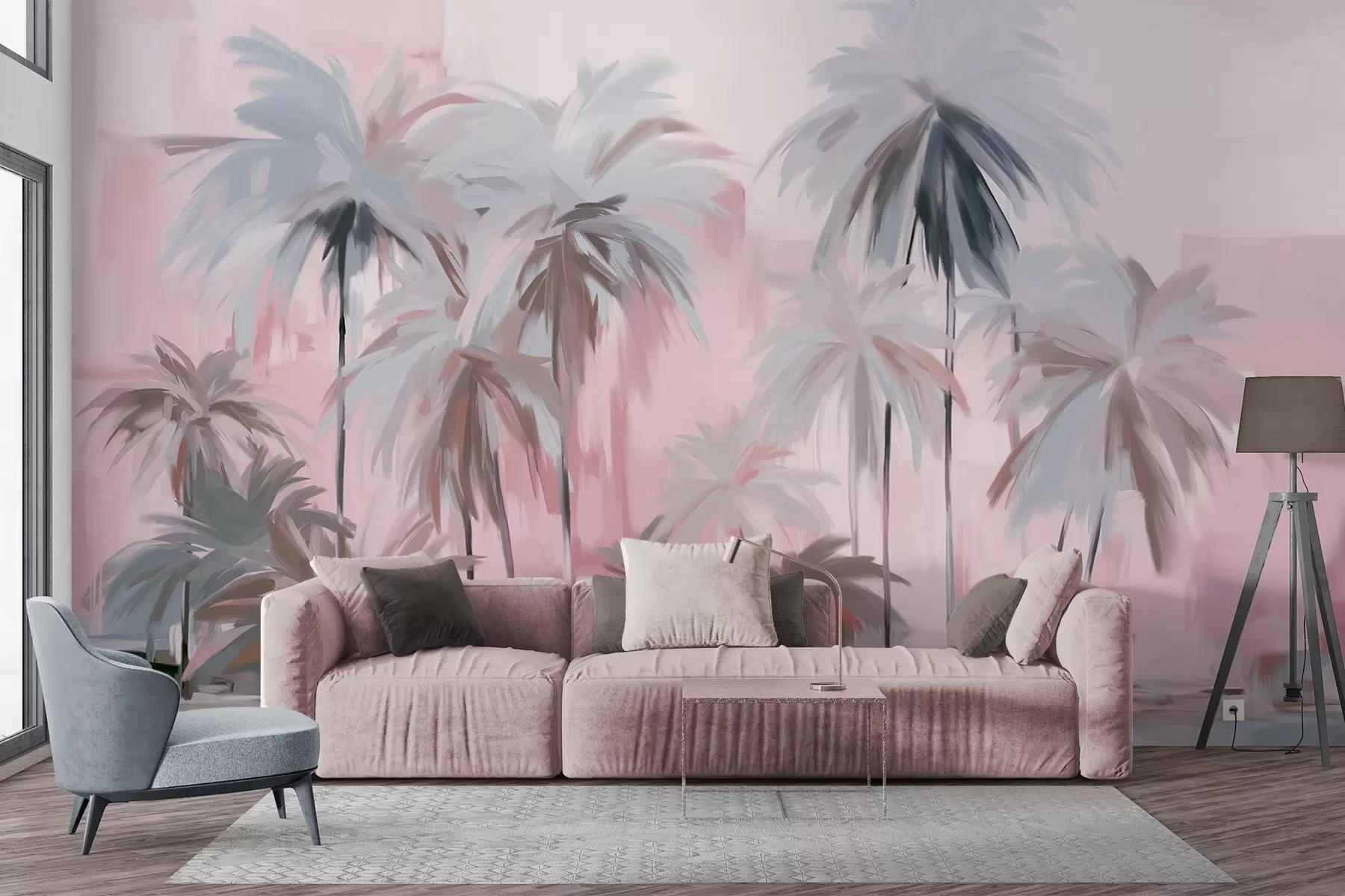 wall murals Abstract minimalistic pastel tropical palm trees, against a background of muted pink and gray hues w09212v1