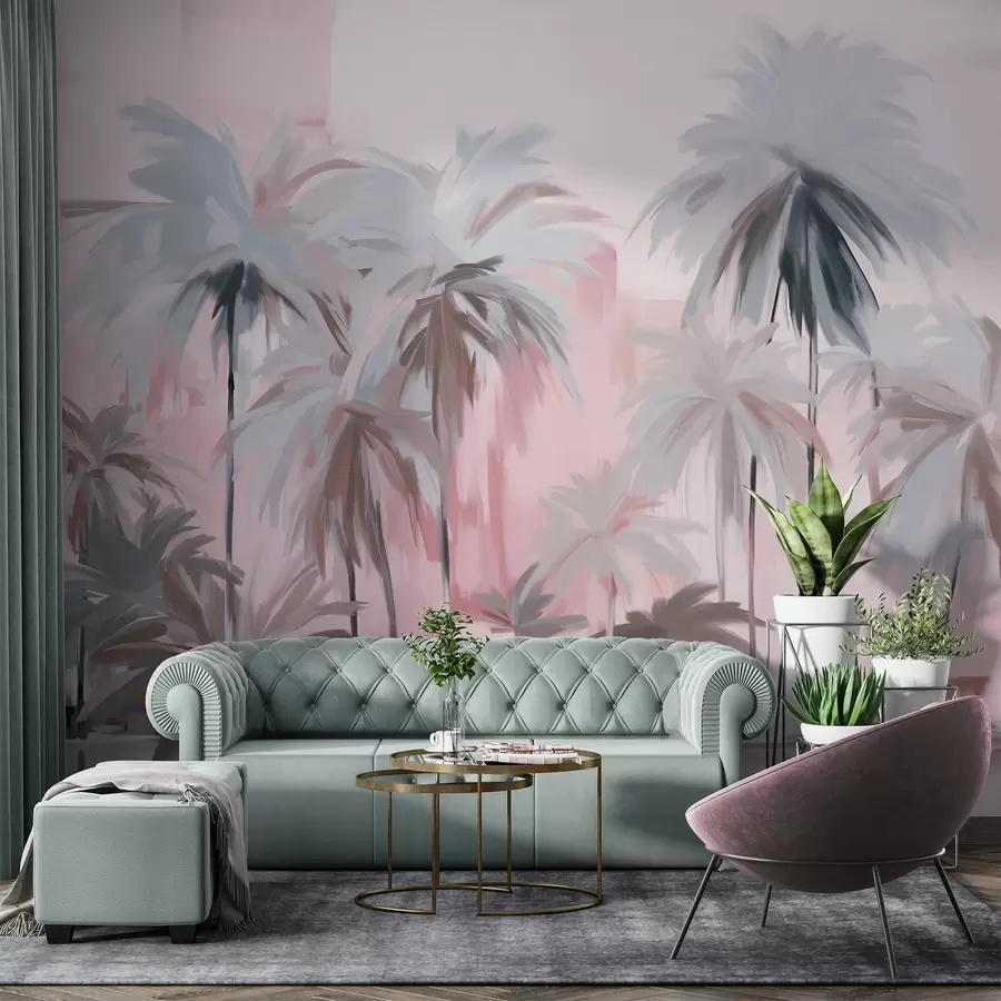 Wall Mural Photo Wallpaper Abstract minimalistic pastel tropical palm trees, against a background of muted pink and gray hues w09212v1