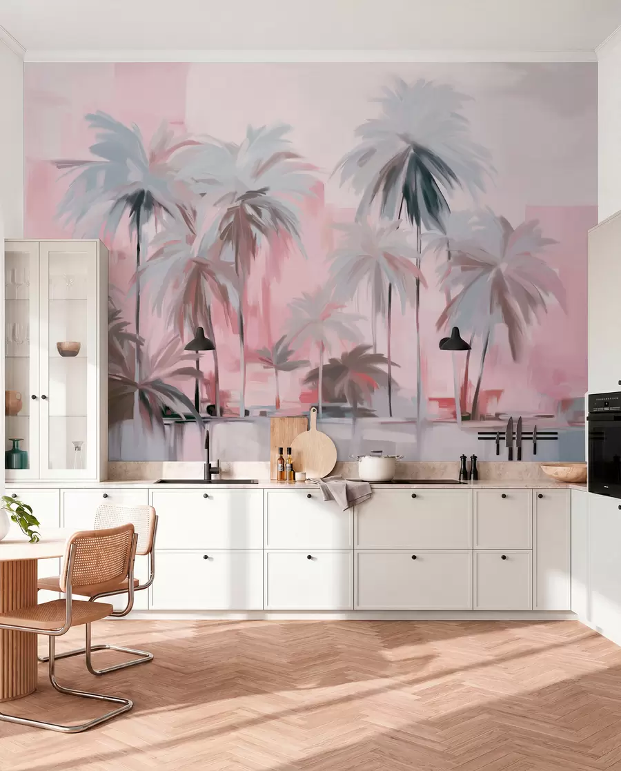 peintures murales Palmiers tropicaux abstraits, minimalistes et pastel, sur un fond de teintes sourdes roses et grises w09212v1