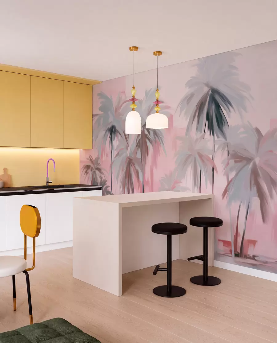 wall murals Abstract minimalistic pastel tropical palm trees, against a background of muted pink and gray hues w09212v1