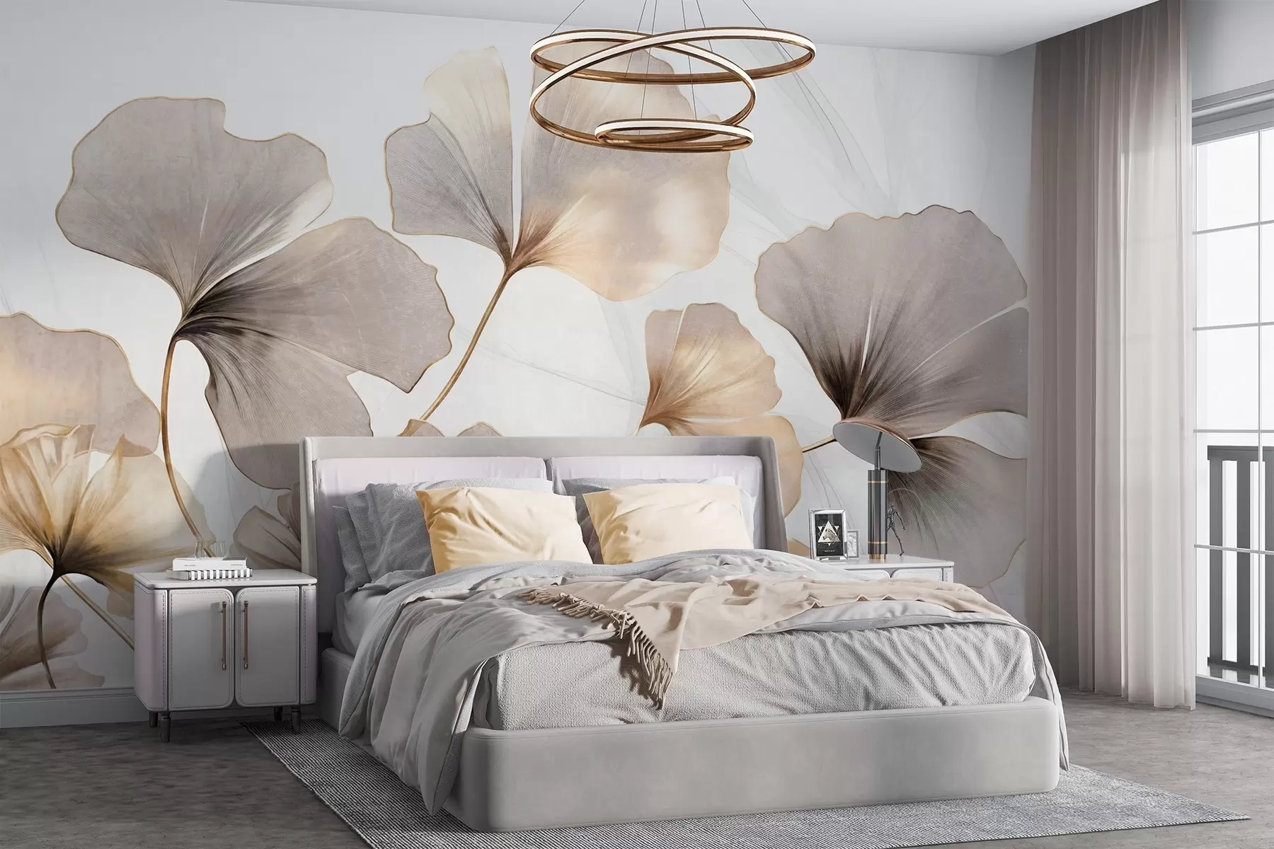 Wall Mural Photo Wallpaper Ginkgo biloba leaves in beige, yellow and brown tones, delicate textured watercolor effect, light background w09215