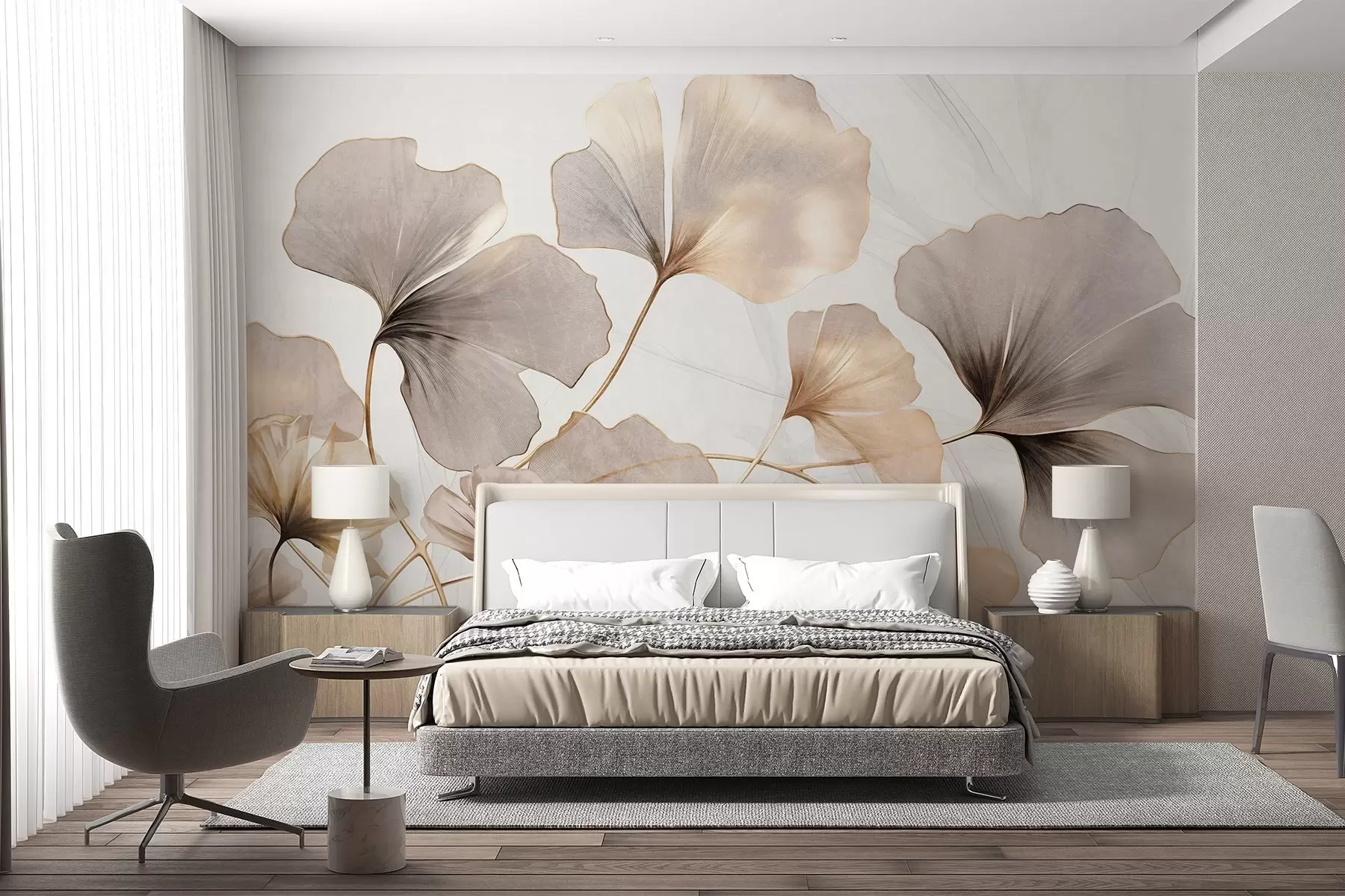murales Hojas de Ginkgo biloba en tonos beige, amarillo y marrón, delicado efecto de acuarela texturizada, fondo claro w09215