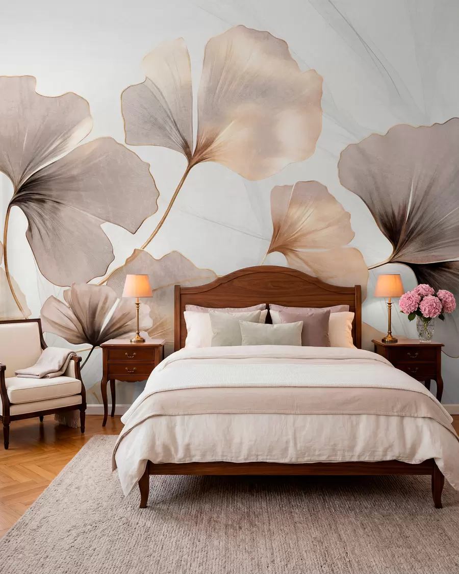 Wall Mural Photo Wallpaper Ginkgo biloba leaves in beige, yellow and brown tones, delicate textured watercolor effect, light background w09215