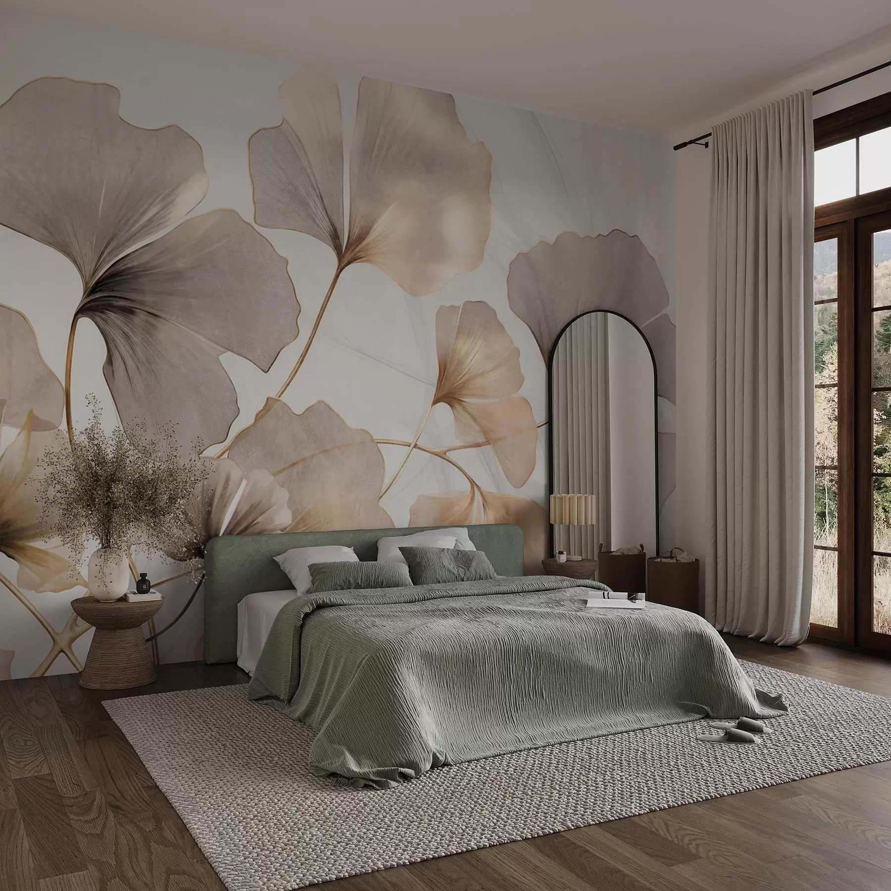 Wall Mural Photo Wallpaper Ginkgo biloba leaves in beige, yellow and brown tones, delicate textured watercolor effect, light background w09215