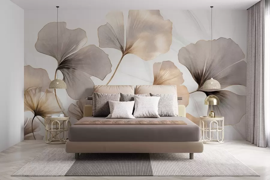 Wall Mural Photo Wallpaper Ginkgo biloba leaves in beige, yellow and brown tones, delicate textured watercolor effect, light background w09215