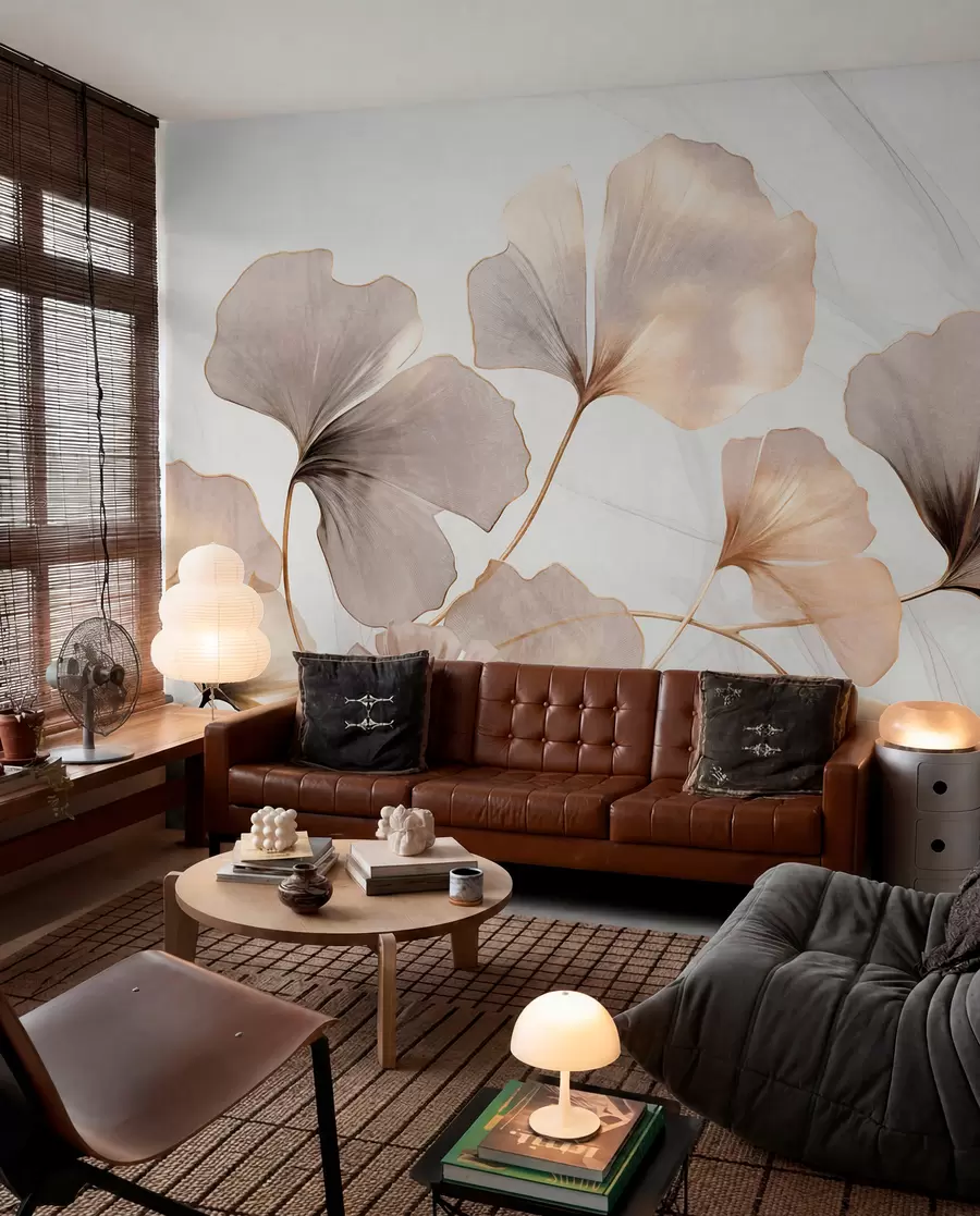 Wall Mural Photo Wallpaper Ginkgo biloba leaves in beige, yellow and brown tones, delicate textured watercolor effect, light background w09215