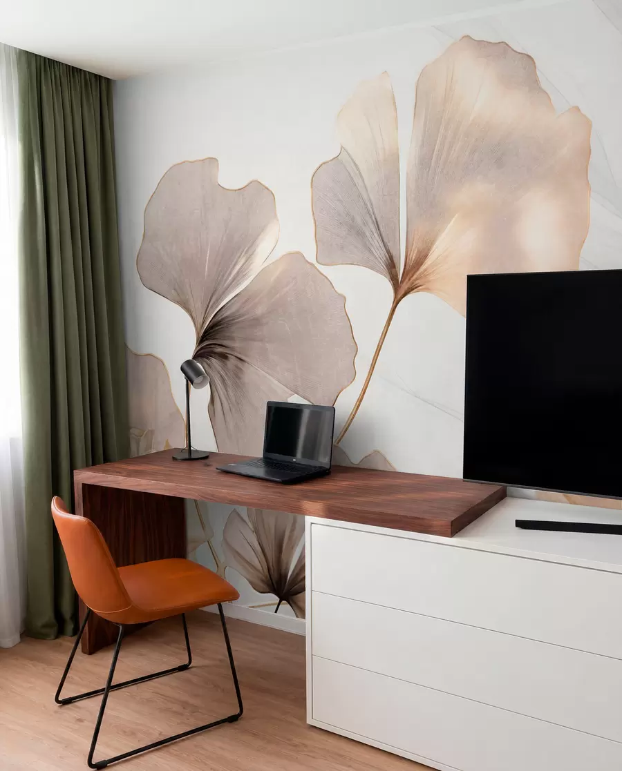 wall murals Ginkgo biloba leaves in beige, yellow and brown tones, delicate textured watercolor effect, light background w09215
