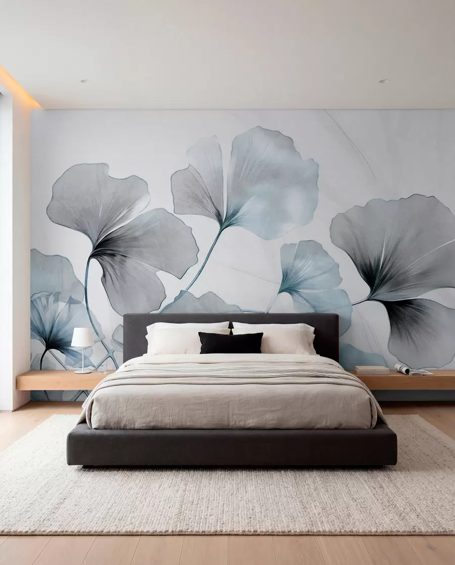wall murals Ginkgo biloba leaves in muted blue and gray tones, delicate textured watercolor effect, light background w09215v1