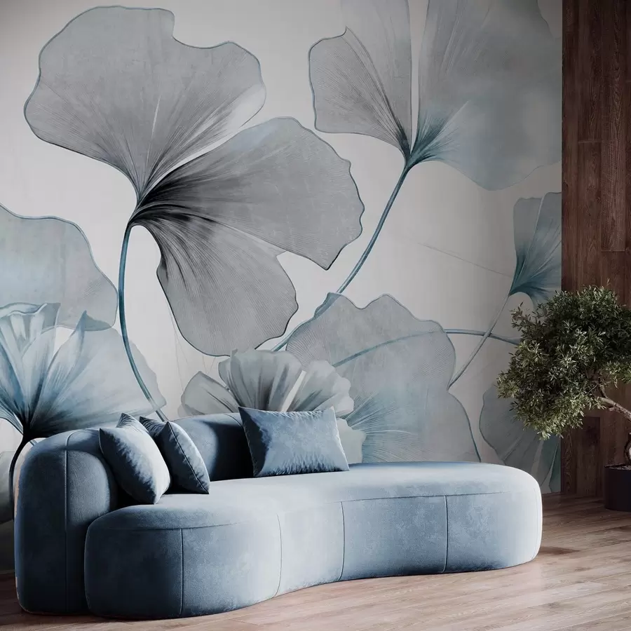 Wall Mural Photo Wallpaper Ginkgo biloba leaves in muted blue and gray tones, delicate textured watercolor effect, light background w09215v1