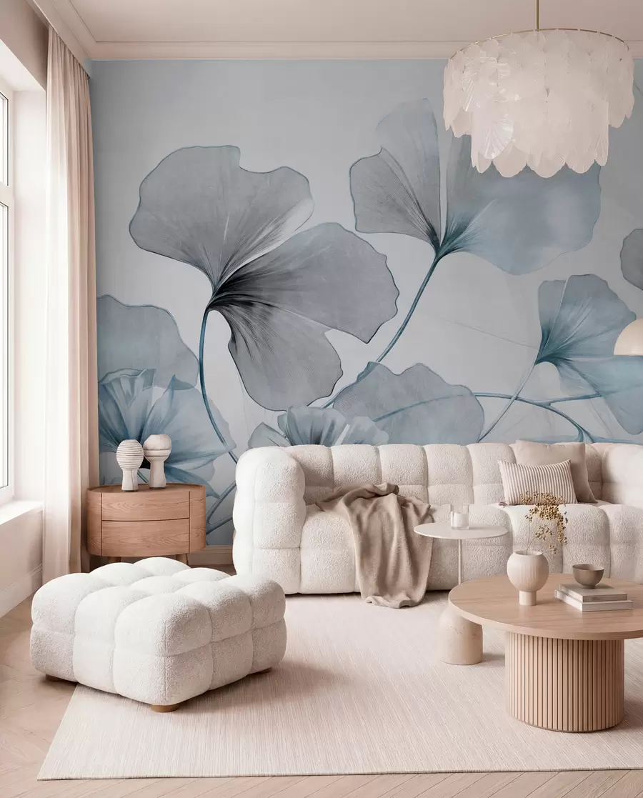 murales Hojas de Ginkgo biloba en tonos azules y grises apagados, delicado efecto de acuarela texturizada, fondo claro w09215v1