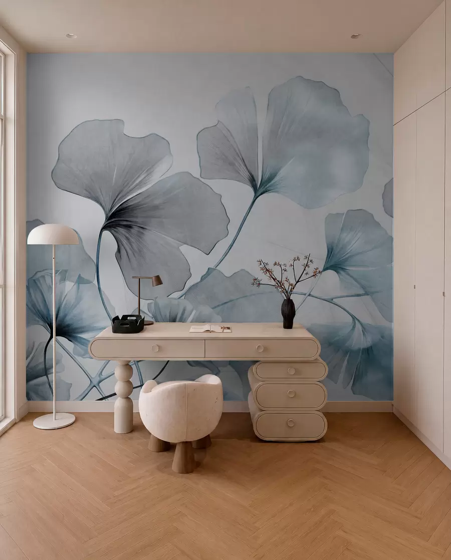 wall murals Ginkgo biloba leaves in muted blue and gray tones, delicate textured watercolor effect, light background w09215v1