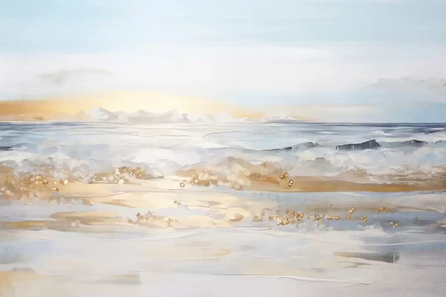 peintures murales Paysage abstrait texturé, vagues de l'océan s'écrasant sur une plage de sable, couleurs pastel douces, ciel bleu avec nuages légers w09234