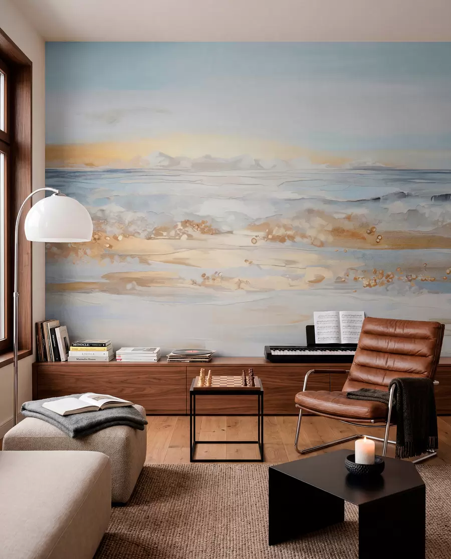 wall murals Abstract textured landscape ocean waves crashing on a sandy beach, soft pastel colors, blue sky with light clouds w09234
