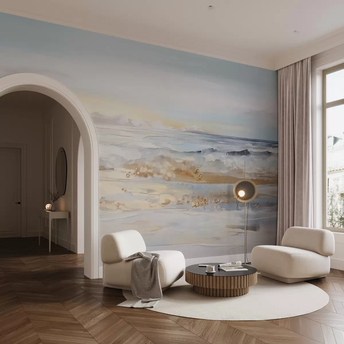 Wall Mural Photo Wallpaper Abstract textured landscape ocean waves crashing on a sandy beach, soft pastel colors, blue sky with light clouds w09234