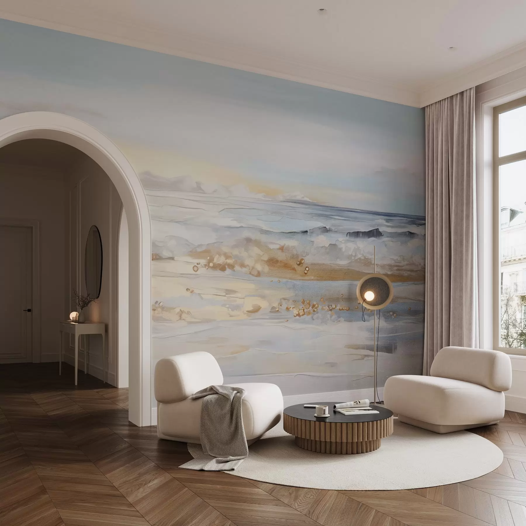 peintures murales Paysage abstrait texturé, vagues de l'océan s'écrasant sur une plage de sable, couleurs pastel douces, ciel bleu avec nuages légers w09234