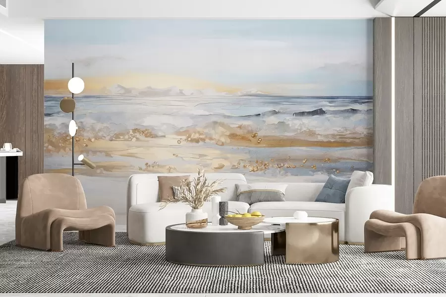 murales Paisaje abstracto con textura de olas del mar rompiendo en una playa de arena, colores pastel suaves, cielo azul con nubes ligeras w09234