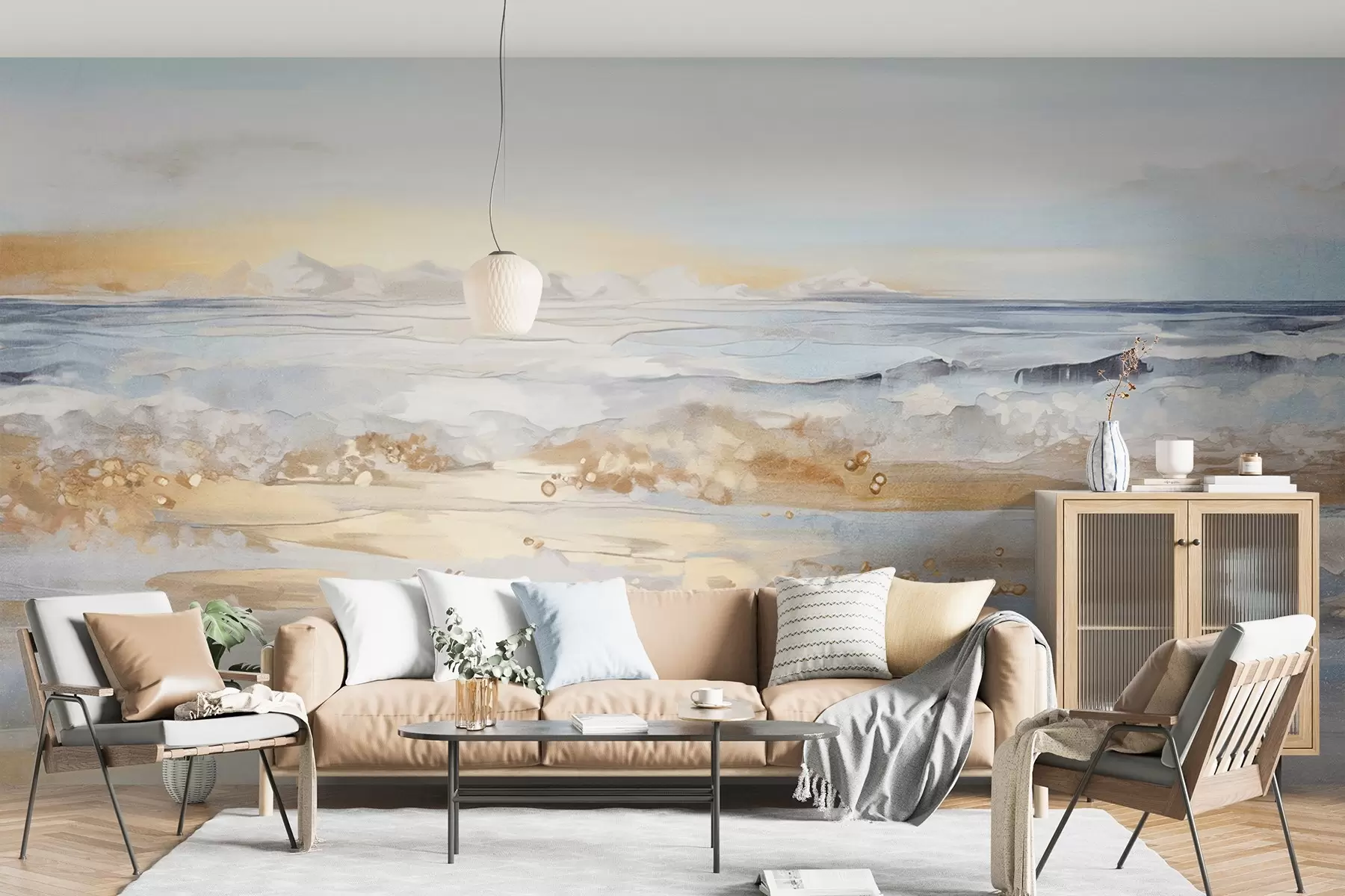 Wall Mural Photo Wallpaper Abstract textured landscape ocean waves crashing on a sandy beach, soft pastel colors, blue sky with light clouds w09234