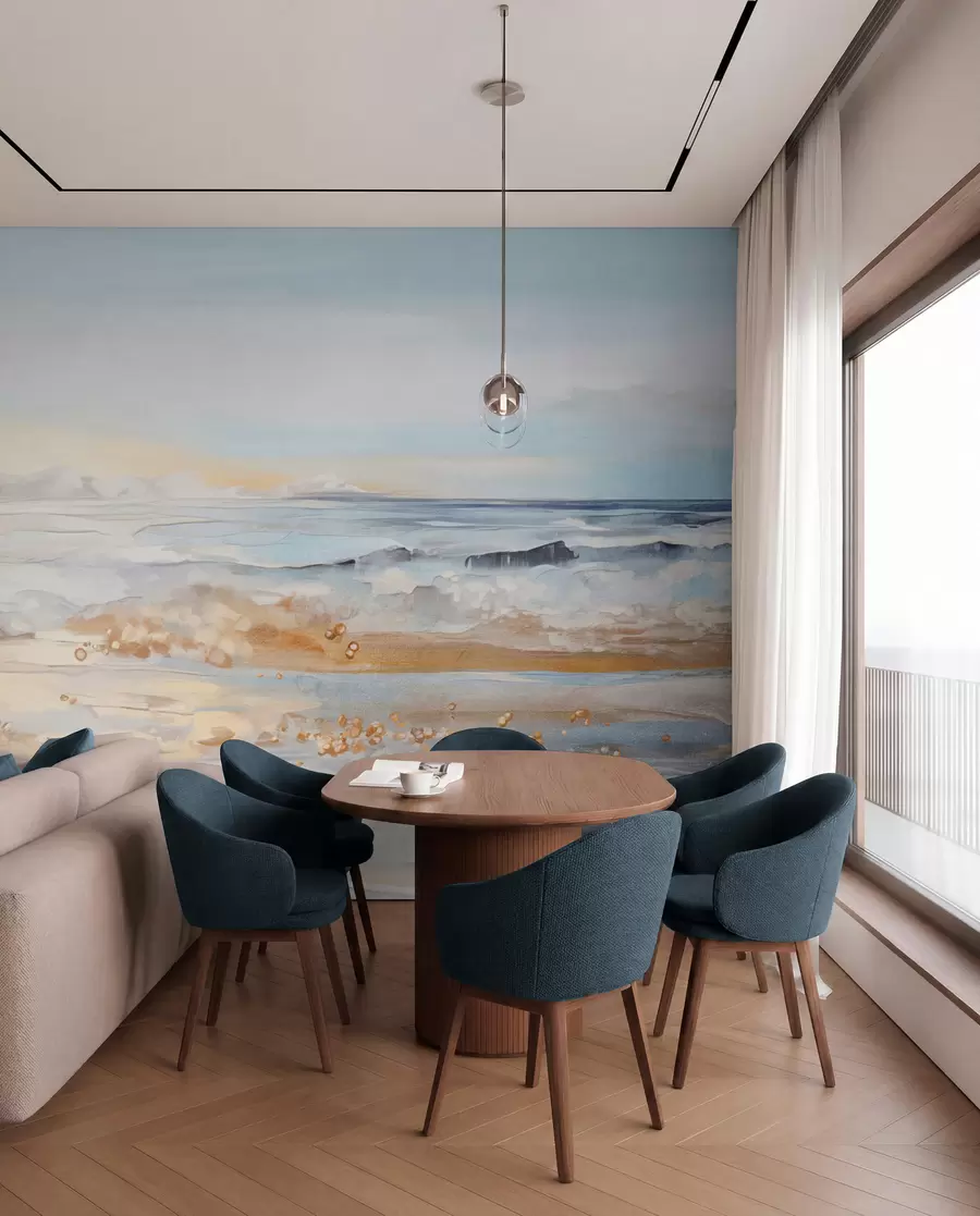 wall murals Abstract textured landscape ocean waves crashing on a sandy beach, soft pastel colors, blue sky with light clouds w09234