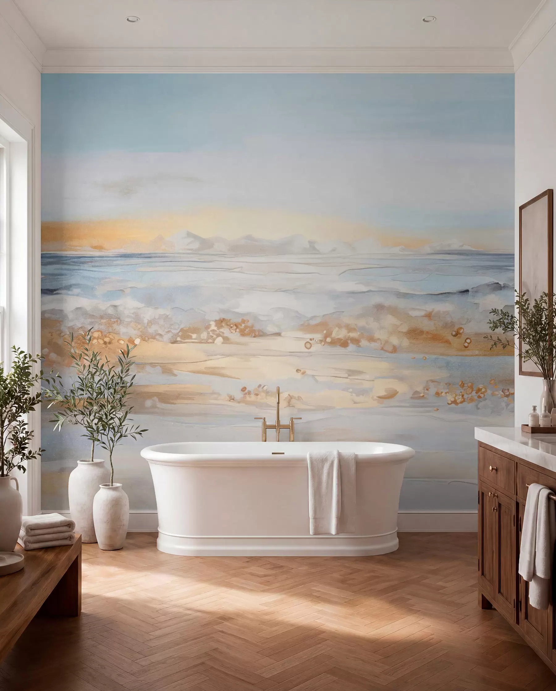 Wall Mural Photo Wallpaper Abstract textured landscape ocean waves crashing on a sandy beach, soft pastel colors, blue sky with light clouds w09234