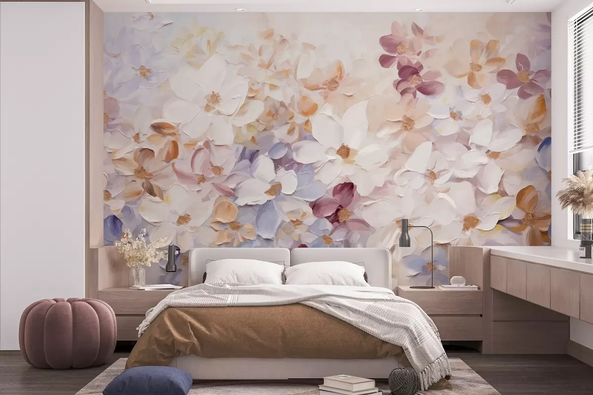 Wall Mural Photo Wallpaper Oil painting imitation of a flower garden with white, pink and orange flowers, soft brushstrokes, pastel muted colors w09236