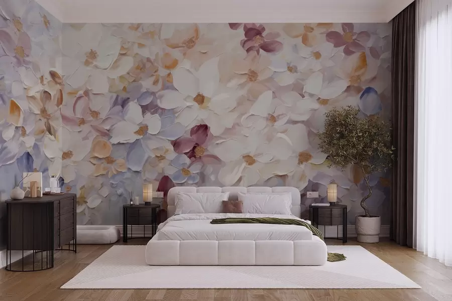 Wall Mural Photo Wallpaper Oil painting imitation of a flower garden with white, pink and orange flowers, soft brushstrokes, pastel muted colors w09236