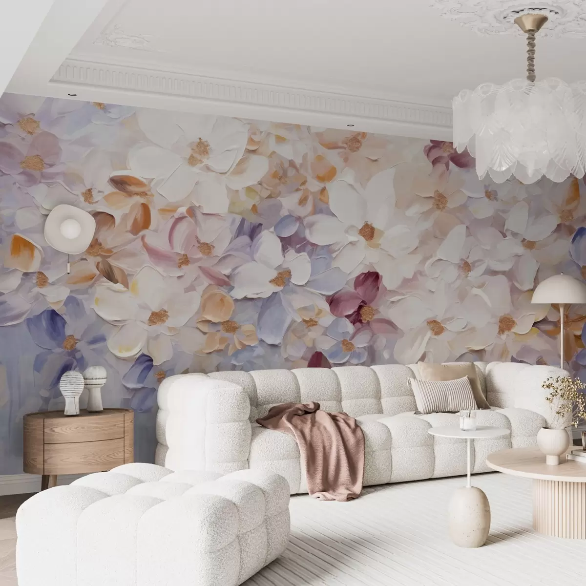 murales Pintura al óleo imitación de un jardín de flores con flores blancas, rosas y naranjas, pinceladas suaves, colores pastel apagados w09236