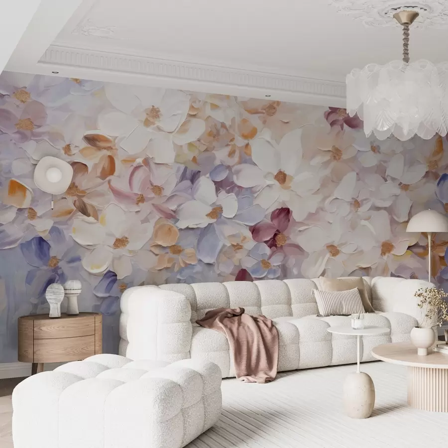 Wall Mural Photo Wallpaper Oil painting imitation of a flower garden with white, pink and orange flowers, soft brushstrokes, pastel muted colors w09236