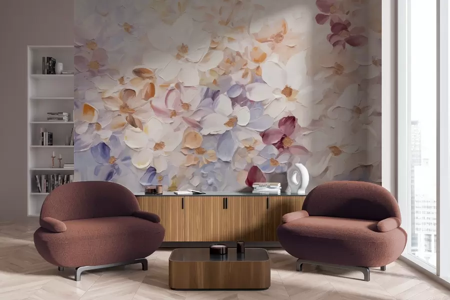 Wall Mural Photo Wallpaper Oil painting imitation of a flower garden with white, pink and orange flowers, soft brushstrokes, pastel muted colors w09236