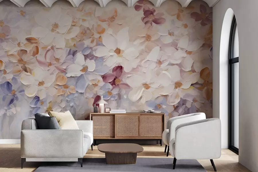 murales Pintura al óleo imitación de un jardín de flores con flores blancas, rosas y naranjas, pinceladas suaves, colores pastel apagados w09236