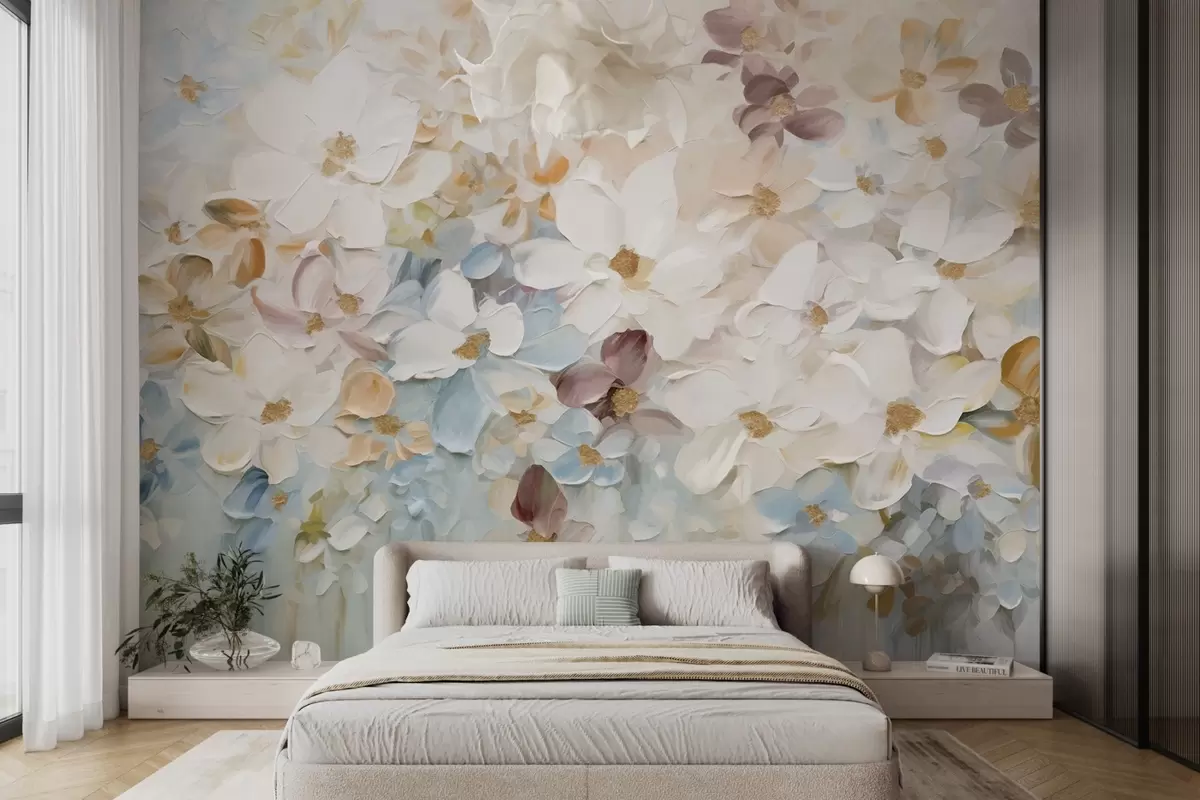 murales Pintura al óleo imitación de un jardín de flores con flores blancas, azules y naranjas, pinceladas suaves, colores pastel apagados w09236v1