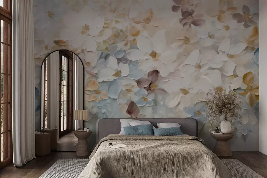 murales Pintura al óleo imitación de un jardín de flores con flores blancas, azules y naranjas, pinceladas suaves, colores pastel apagados w09236v1