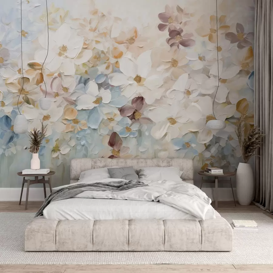 Wall Mural Photo Wallpaper Oil painting imitation of a flower garden with white, blue and orange flowers, soft brushstrokes, pastel muted colors w09236v1