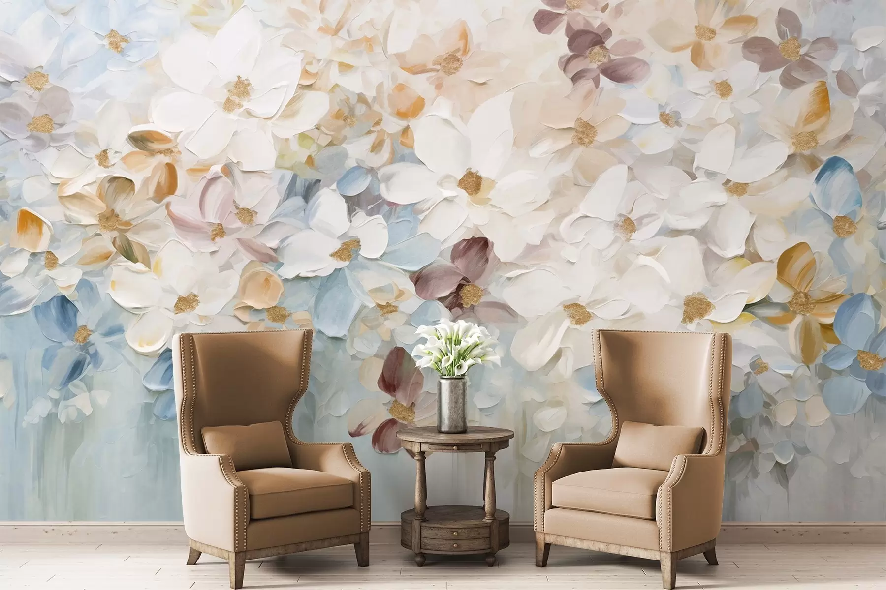 Wall Mural Photo Wallpaper Oil painting imitation of a flower garden with white, blue and orange flowers, soft brushstrokes, pastel muted colors w09236v1