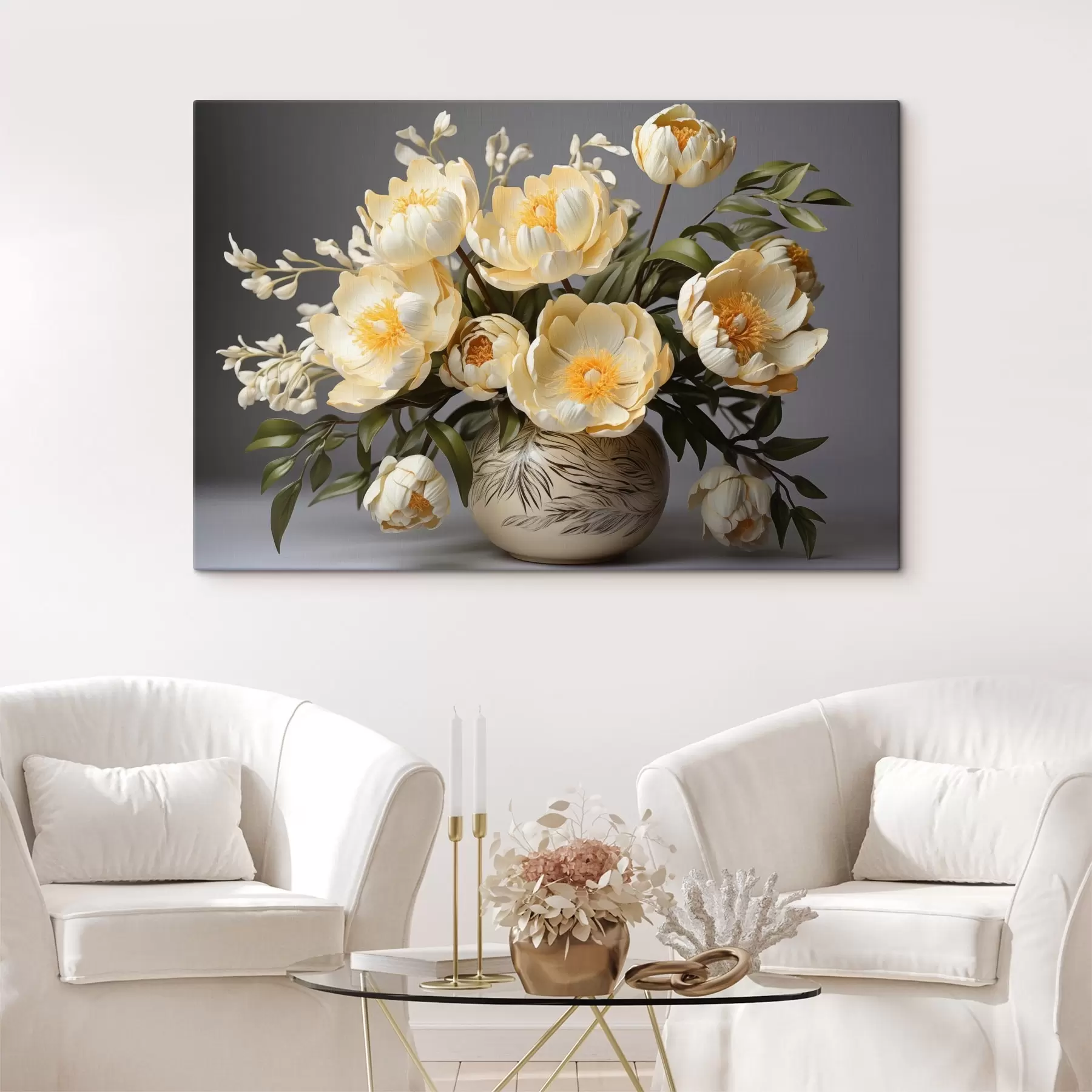 wall murals Delicate Flowers with Yellow Centers in a Patterned Vase s44847