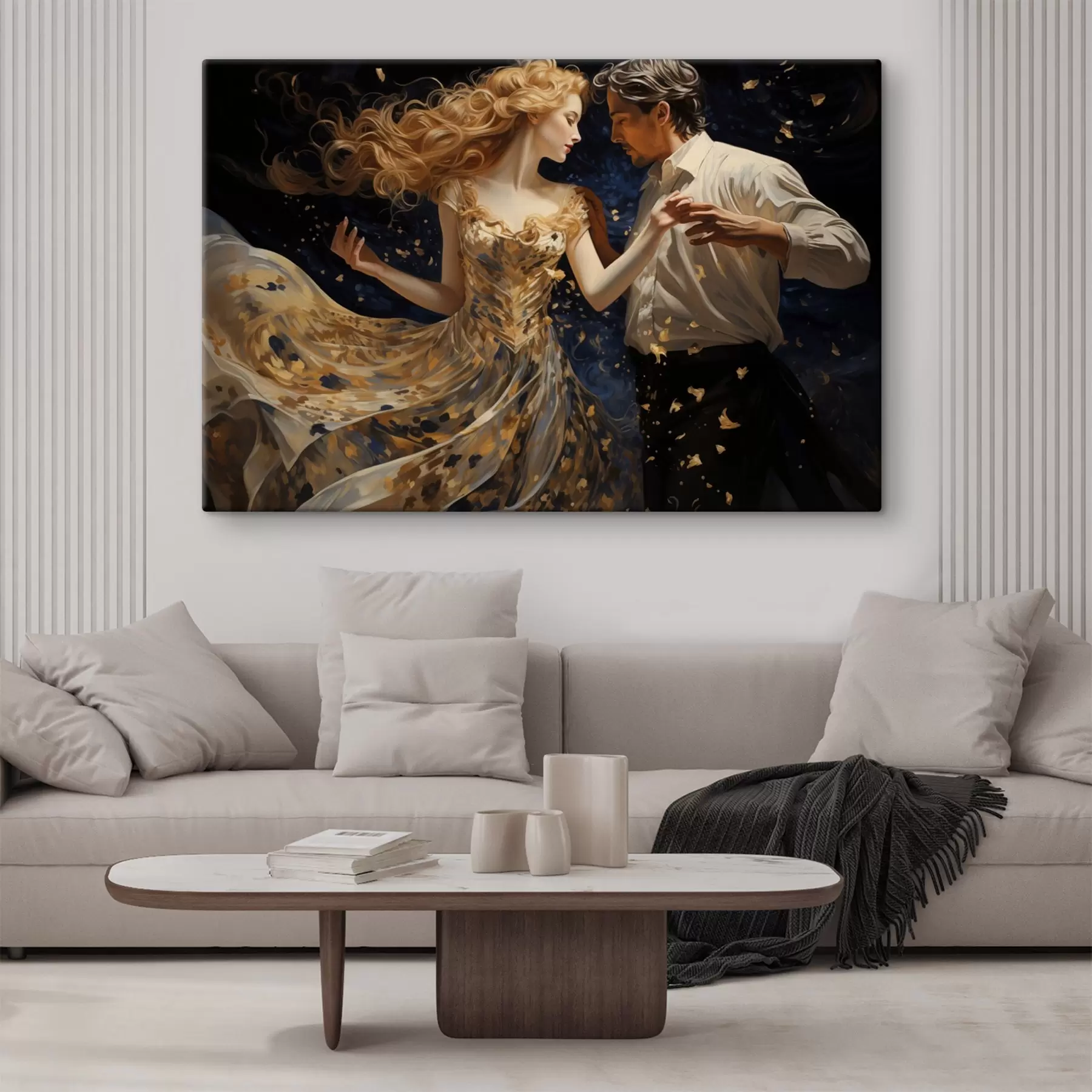 wall murals Couple in motion in yellow-blue tones in painting style s44940