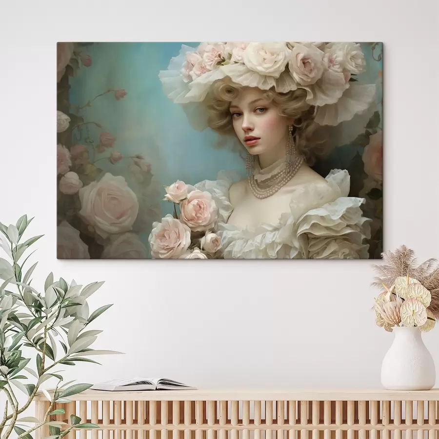 murales Elegante dama con sombrero y flores en estilo artístico s44944