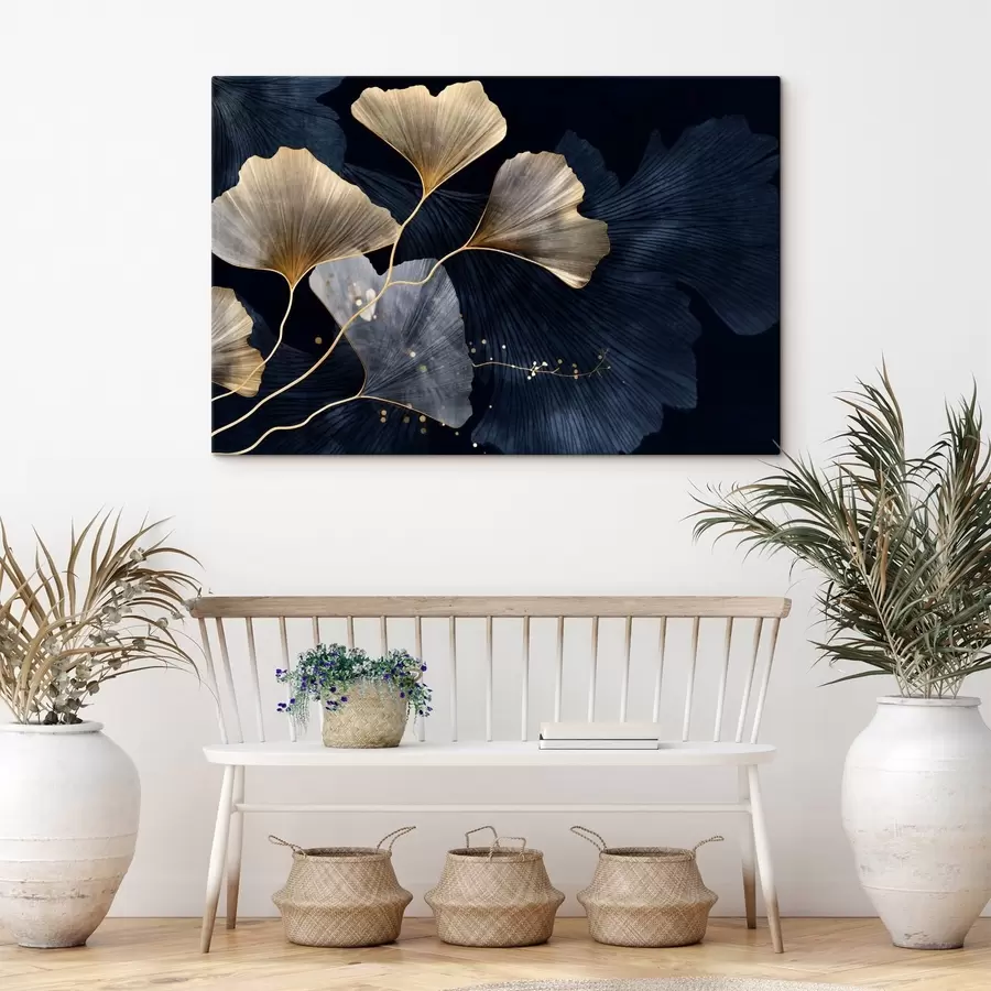 wall murals Ginkgo leaves in yellow and blue tones, elegant dark background, modern art, minimalist style, nature-inspired s44921
