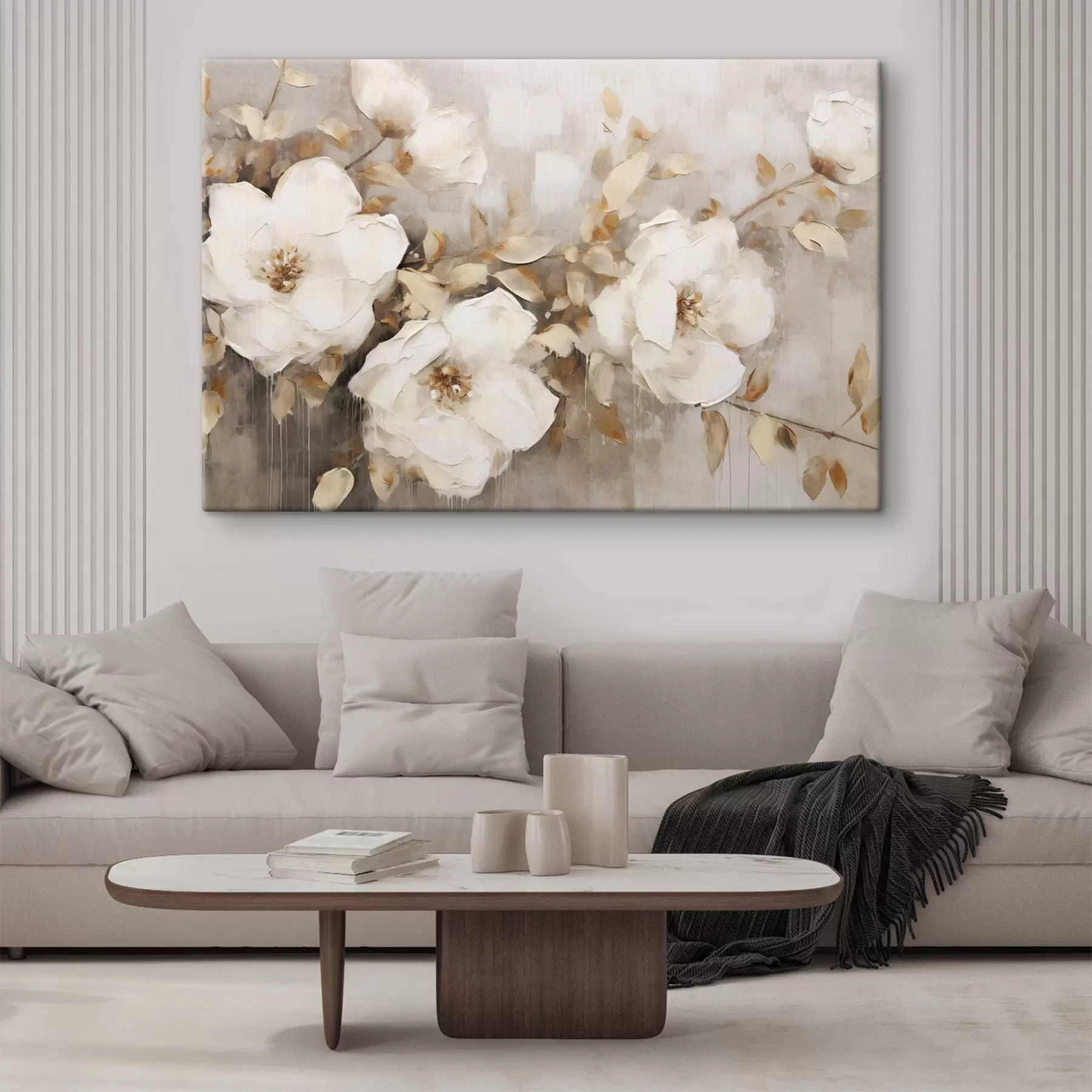 wall murals White flowers with brown leaves in a beige background, oil painting imitation, floral arrangement, botanical art  s44922