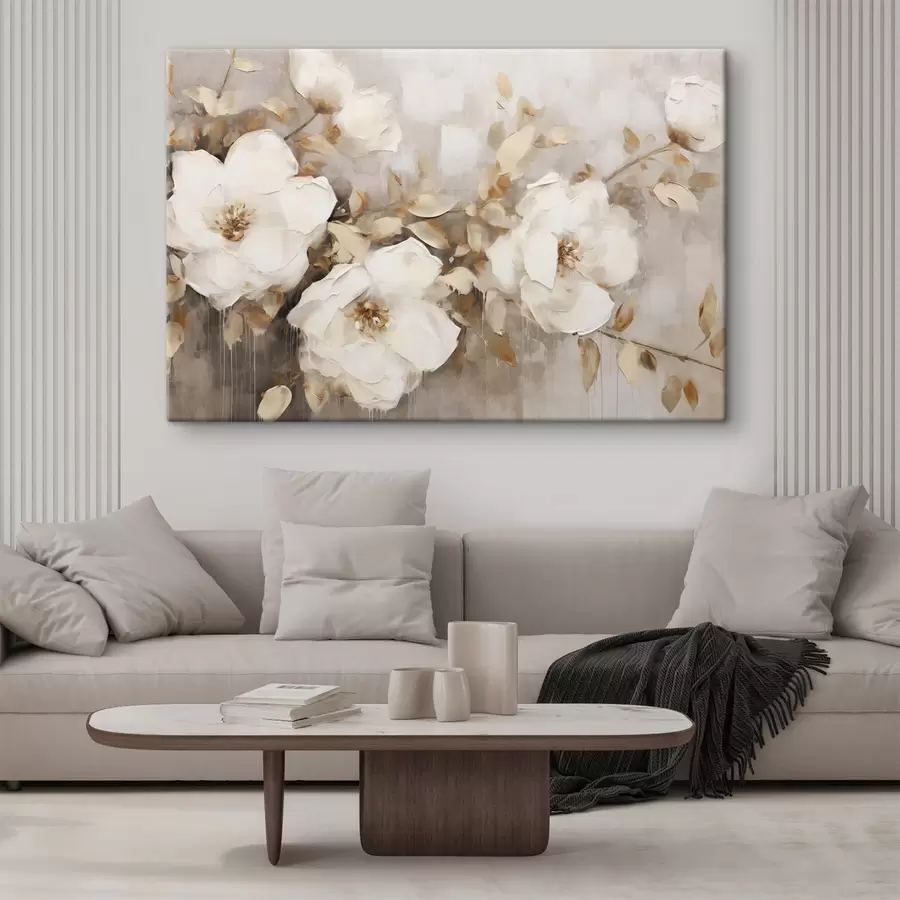 wall murals White flowers with brown leaves in a beige background, oil painting imitation, floral arrangement, botanical art  s44922