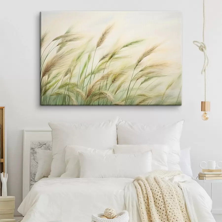 murales Campo de trigo con espigas amarillas y verdes, pinceladas suaves y una paleta de colores claros, atmósfera natural s44923