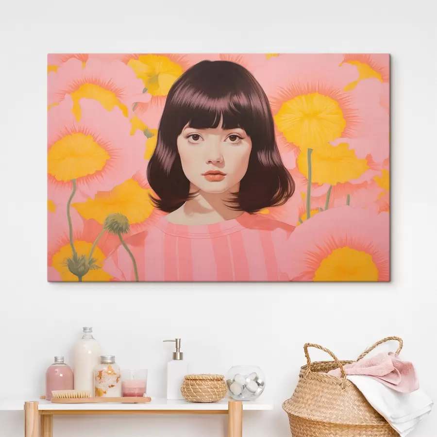murales Retrato minimalista decorativo de chica asiática en un campo de flores amarillas y rosas s44924