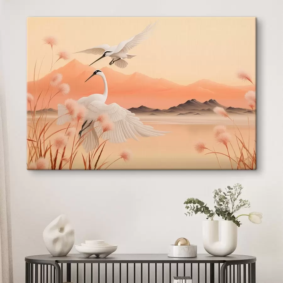 wall murals White cranes with pink reeds in the foreground, mountains and a lake in the background, soft orange light s44925