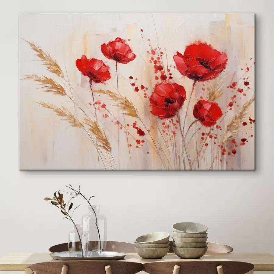 wall murals Red poppy flowers with yellow wheat stalks, against a soft, neutral background with splatters of red paint s44926